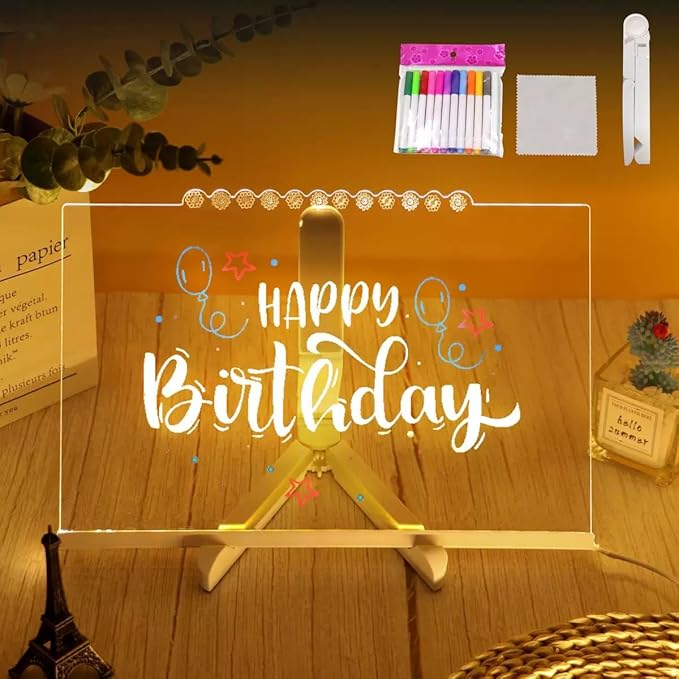 Led Note Board with Colors, 12"X8" Acrylic Dry Erase Board with Light, Light Up Dry Erase Board with Adjustable Stand, Led Board White Board with 7 Pen, Office Home Glow Rewritable Message Board.