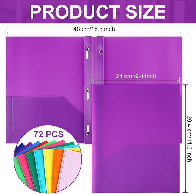 Cholemy 72 Packs Pocket Folders with Prongs Heavy Duty Plastic Folder with Business Card Slot 3 Prong Fasteners for School Office (Bright)