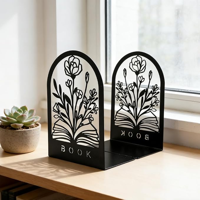 Book Ends, Bookends, Book Ends for Shelves, 2Pair Non Skid Metal Book Divider Decorative Holder, Abstract Art Desgin Book Stopper Supports for Office, Home (Flower Book)