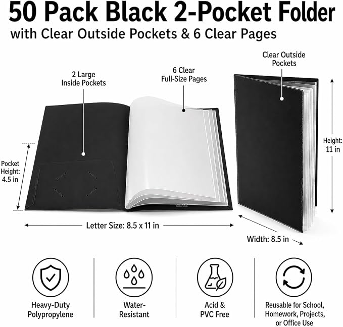 Ultra PRO - 50 Pack Black Heavy Duty 2-Pocket Folders with 6 Clear Internal Pages, Waterproof Poly Project Organizer for School and Office, Fits 8.5 x 11 Letter Size, Customizable Clear Covers