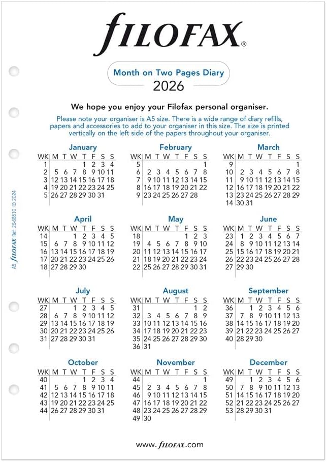 Filofax Calendar Diary Refill, A5 Size, Month-to-View, White Paper, English, 2026 (C68510-26)