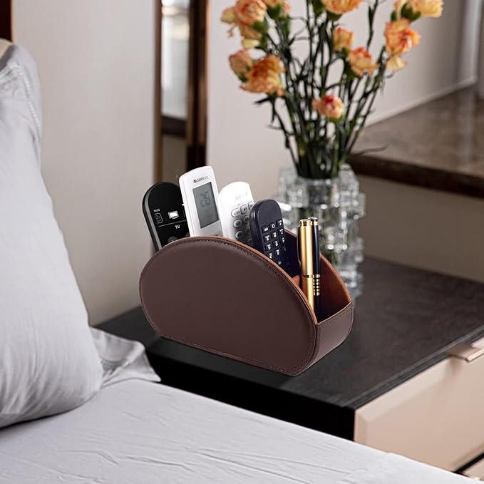 Tv Remote Holder Tray with 5 Compartment,PU Leather Remote Control Holder/Caddy,Placed Media Remote Storage Box/Glasses/Makeup Brush/Office Products/Desktop Organizers Nightstand Decoration (Brown)
