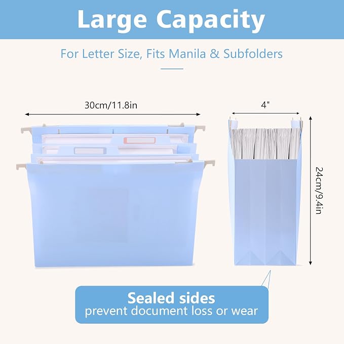 Plastic Extra Capacity Hanging File Folder Folders, 4" Expansion Hanging Organizer Designed for Bulky Files,Letter Size, Retractable Hooks,Movable Dividers, Insertable Tabs, 6 Pack