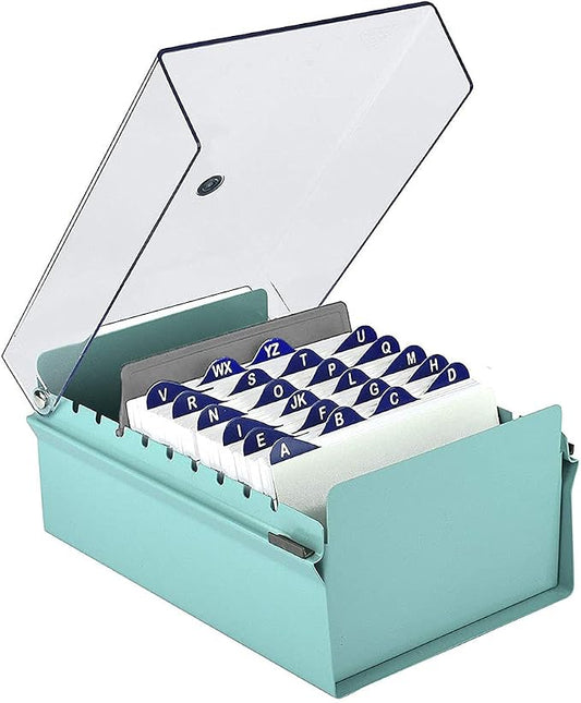 Acrimet 4 x 6 Card File Holder Organizer Box Metal Base Heavy Duty (AZ Index Cards and Divider Included) (Green Color with Clear Crystal Plastic Lid Cover)