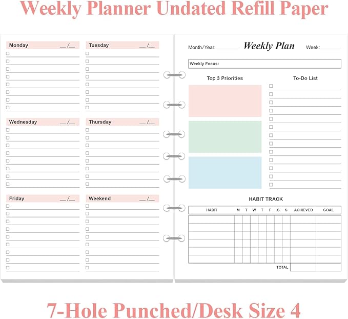 (2-PACK) Weekly Planner Refills for 3 or 7 Ring Mini Binders - 106 Sheets/212 Pages Undated Colorful Weekly Planner, 100 gsm White Paper, Lasts 2 Year, Undated, 5.8" x 8.3"