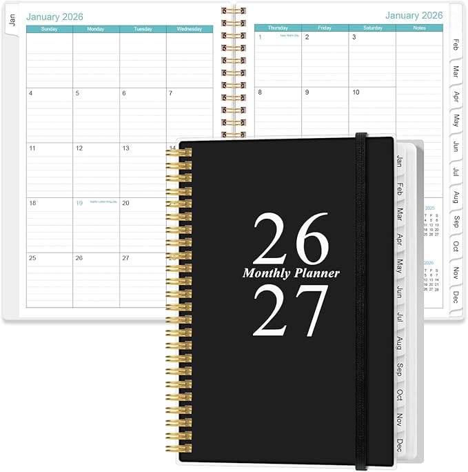 2026-2027 Monthly Planner - January 2026 - June 2027, Two Pages Per Month, 18 Monthly Calendar/Planner with Tabs, Inner Pocket, 6.4" x 8.5", Black