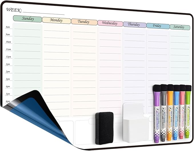 Weekly Dry Erase Calendar with time,self Adhesive Stick on Non-Magnetic Stainless Fridge & Glass & Wall & Wooden (Any Smooth Surface) Schedule Board,to Do List 16.5”(W) × 11”(D)