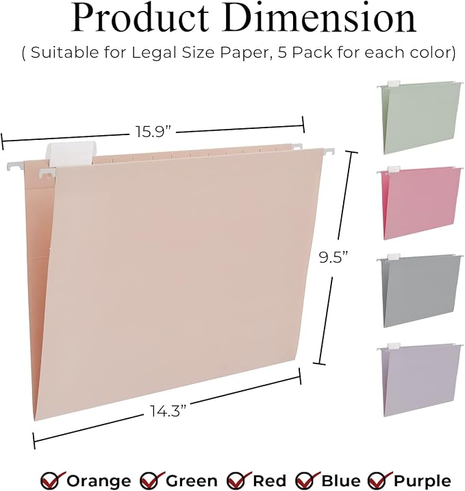 Y YOMA Legal Size - 25 Pack Colored Hanging File Folders Decorative Hanging Folder Cute Pretty File Folder for Filing Cabinet Office Home with 1/5-Cut Adjustable Tabs, Morandi Assorted Color