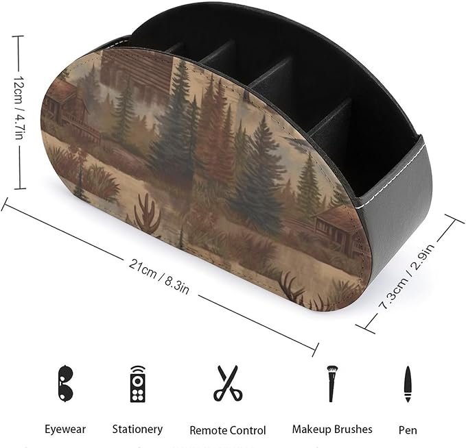 Rustic Lodge Bear Moose Remote Control Holder Desk Storage Organizer Box PU Leather Remote Caddy with 5 Compartments Fashionable Pen Storage Box Modern Desktop Organizer