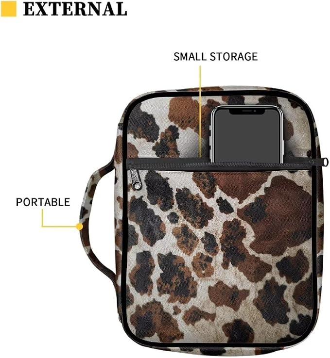 Coldinair Brown Cow Print Bible Covers Bag for Men Women,Durable Carrying Book Case Church Bag Bible Holder with Handle and Zippered Pocket