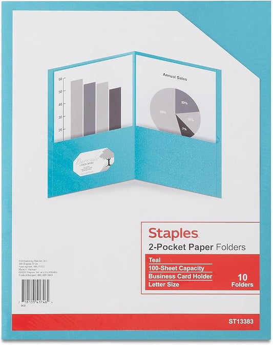 Staples 10% Recycled Smooth 2‑Pocket Paper Presentation Folders with Fasteners, Letter Size Project Folders for Office & School, Teal, 10‑Pack