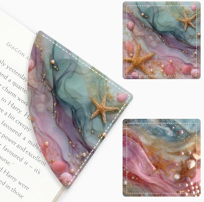 2PCS PU Leather Bookmarks 3.5x3.5 Inch Starfish Pearl Ocean Design | PU leather bookmarks for books with starfish pearl design for beach reads, travel diaries, planners and coastal style fans