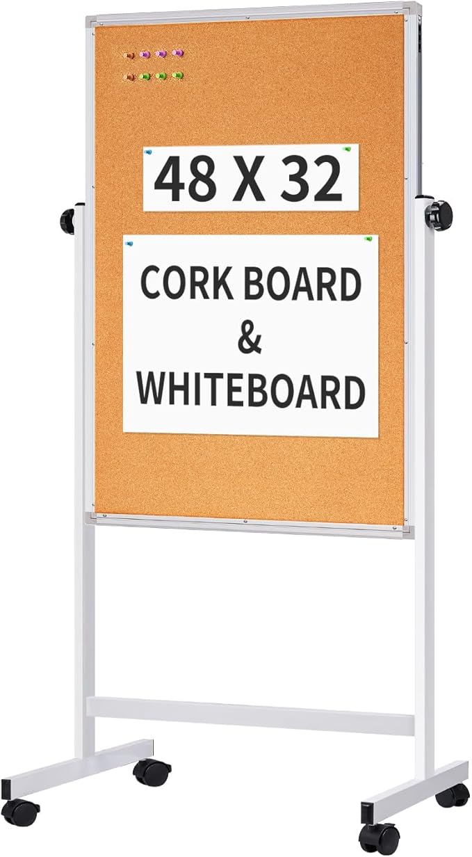 Mobile Whiteboard and Cork Board Combo, 48 x 32 Double-Sided Magnetic Dry Erase Board on Wheels, Height Adjustable Rolling Easel Board for Classroom, Office, Home