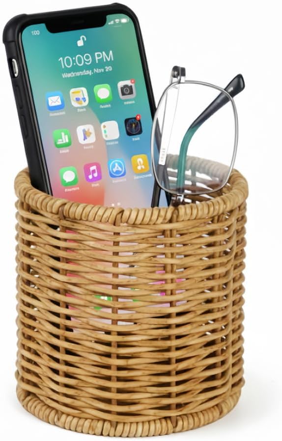 Synthetic Rattan Desk Organizer | Boho Handwoven Eyeglasses Holder Stand | Desktop Storage for Pens, Scissors, Markers | Natural Home Office Decor