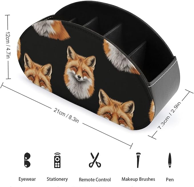 Desktop Remote Control Holder, 5-Compartment PU Leather Organizer for TV, DVD, and Bedside Table Storage, Animal Fox Art