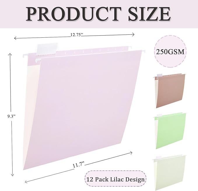 12 Pack Hanging File Folders Letter Size with 1/5 Cut Adjustable Tabs File Folder for Filing Cabinet Reinforced Hanging Folders Design for Home School Office and Medical Charts, Lilac Design