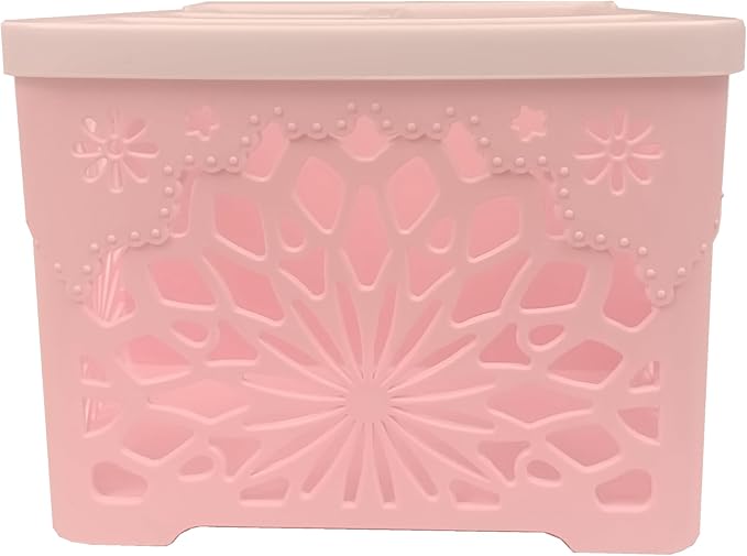 Pink Bow 4 Compartment Plastic Storage Caddy, Hollow Lace Divided Vanity Organizer Bin, Cute Pastel Pink Desktop Basket for Cosmetics Stationery Small Accessories (Bowknot B)