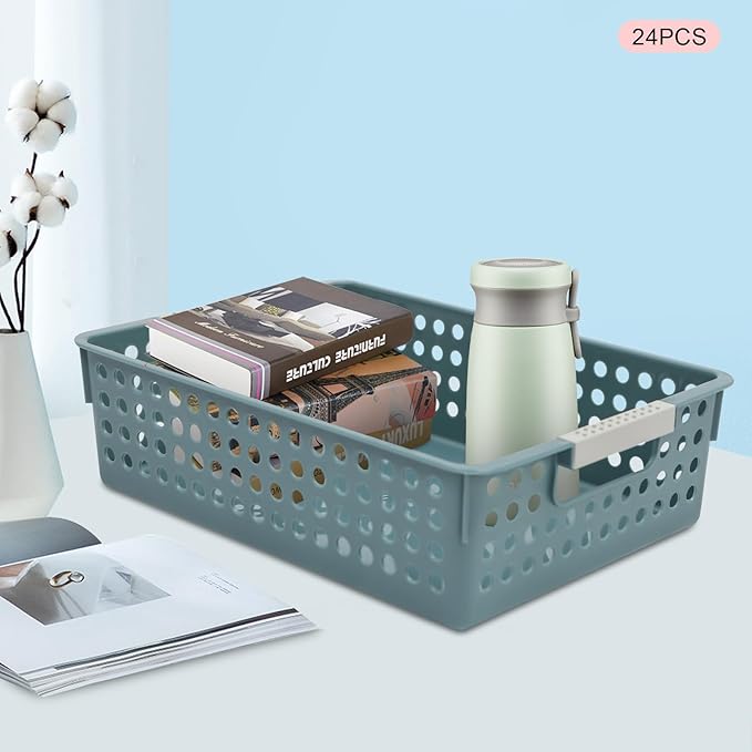 24 Pack Plastic Storage Baskets - Colorful Paper Organizer Baskets Plastic Shelf Bins with Handles, Classroom Office File Holder for Home Office School