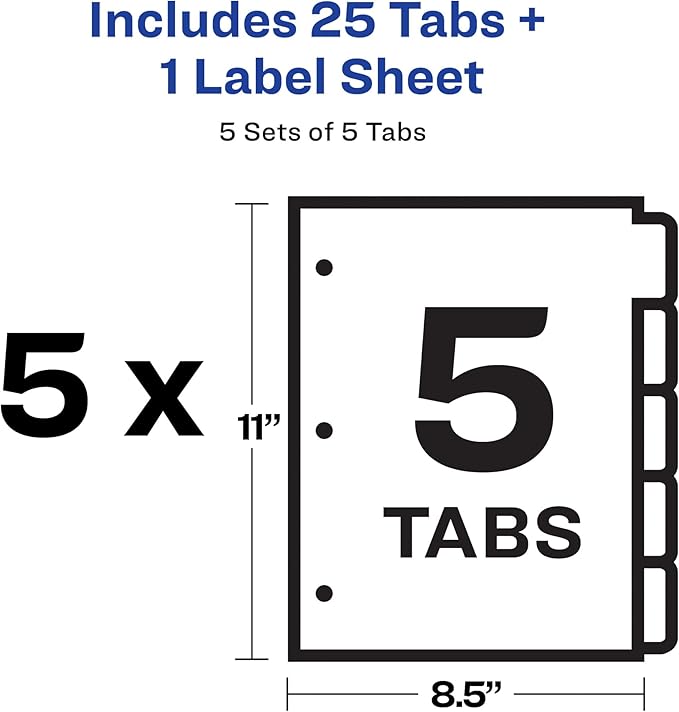 Avery 5 Tab Plastic Dividers for 3 Ring Binder, Easy Print & Apply Clear Label Strip, Index Maker Customizable Frosted White Tabs, 5 Sets (12449) (Pack of 5)