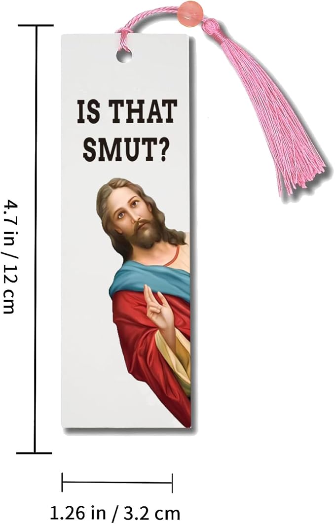 2 Pack Peeking Jesus is that Smut?Bookmark Inscribed with Hilarious Text and Tassels for Book Lovers,Funny Bookmarks for Adults Humor(Pink&White)