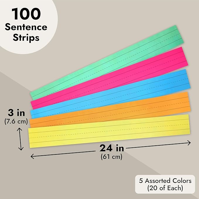 Juvale Colored Sentence Strips - 100 Count, 3 x 24 in, 5 Pastel Colors - Lined Paper Strips for Teacher Supplies & Classroom Organization