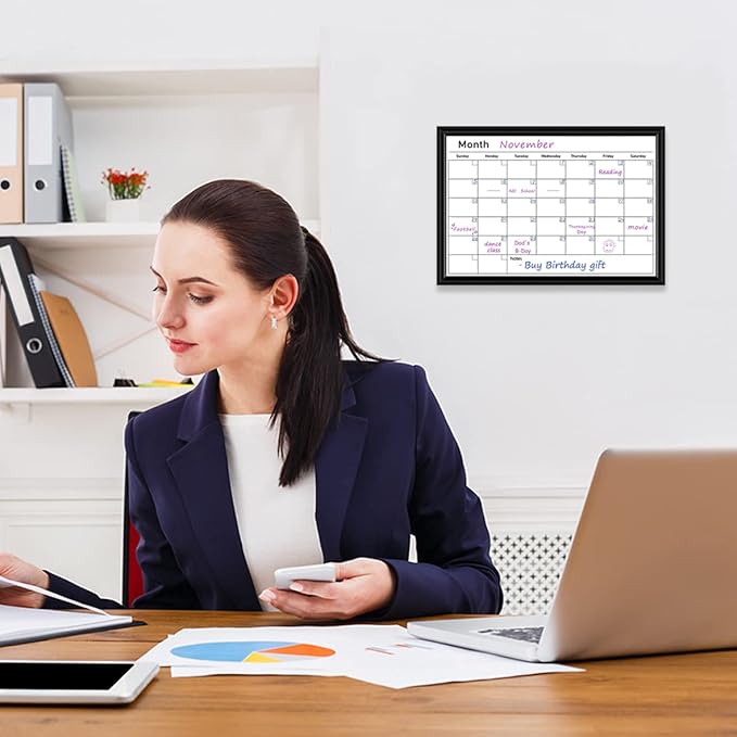 Umtiit Monthly Calendar Dry Erase Whiteboard 10.6 x 14.5 inch(27 x 37 cm), Black Wood Frame, Magnetic Surface Whiteboard for Planning/Schedule/School Timetable/Memo(BK-2737C,US)