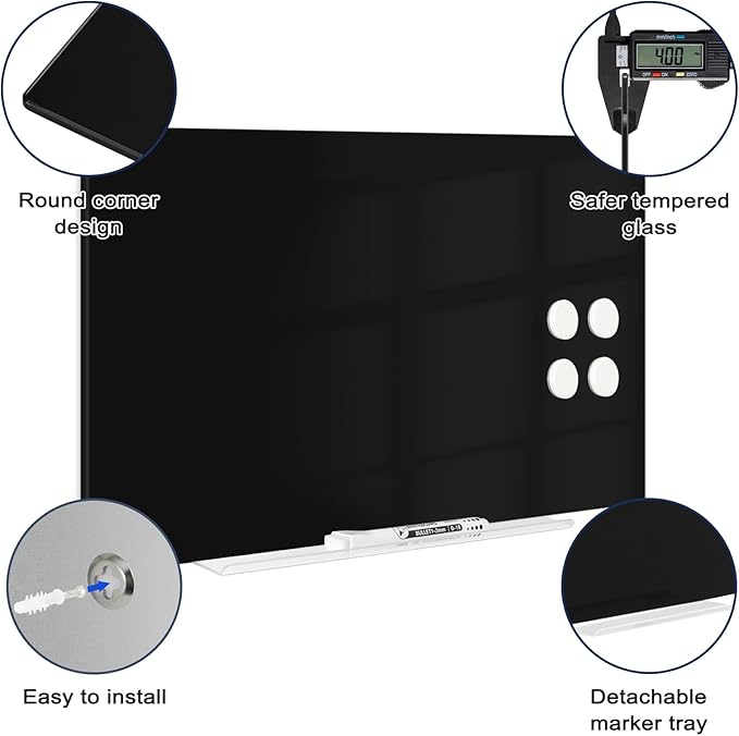 Magnetic Glass Whiteboard for Wall, 16" x 12" Glass Dry Erase Board, Frameless White Board for Home and Office - Black
