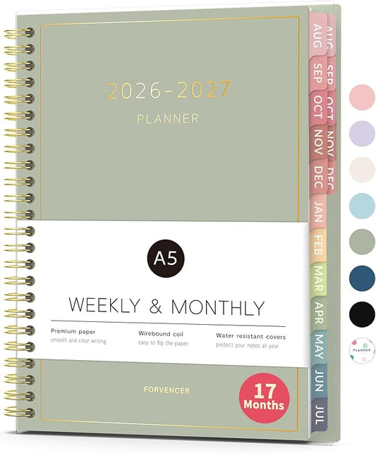 Aug 2026 - Dec 2027 Planner, Forvencer 17 Month Academic Planner 2026-2027, 6.3" x 8.4", Calendar Planner Weekly and Monthly, Daily Agenda Book, College School Supplies for Student Teacher, A5, Green