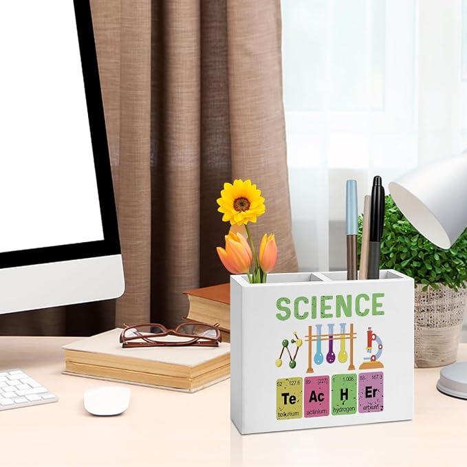 Science Pencil Holder Decor Chemistry Teacher Gifts Chemical Theme Wooden Organizer Vase for Office Home Desk Table Bookshelf Teacher Appreciation Gifts for Office