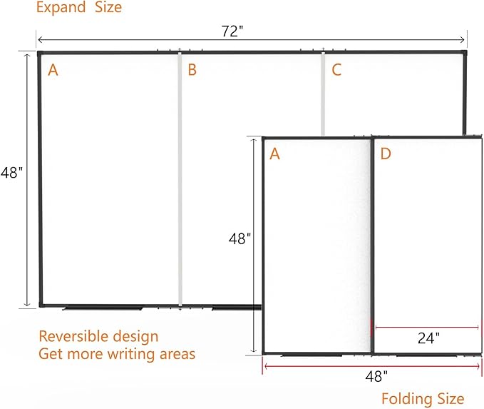 Large White Board for Wall,Magnetic Dry Erase Whiteboard,Foldable 72x48 Inches,Black Aluminum Frame, with 3PCS Detachable Marker Trays for Office and Home