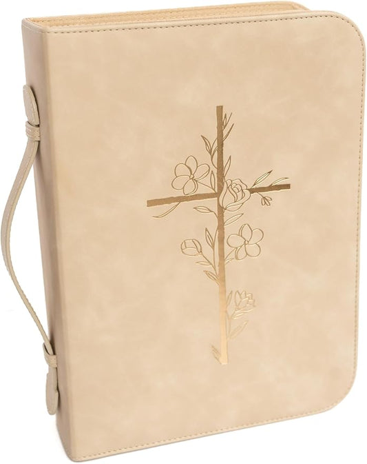 Bible Cover Case for Women – PU Leather Large Bible Case with Minimalist Debossed Design – Christian Bible Accessories for Girls & Women (Beige/Gold)