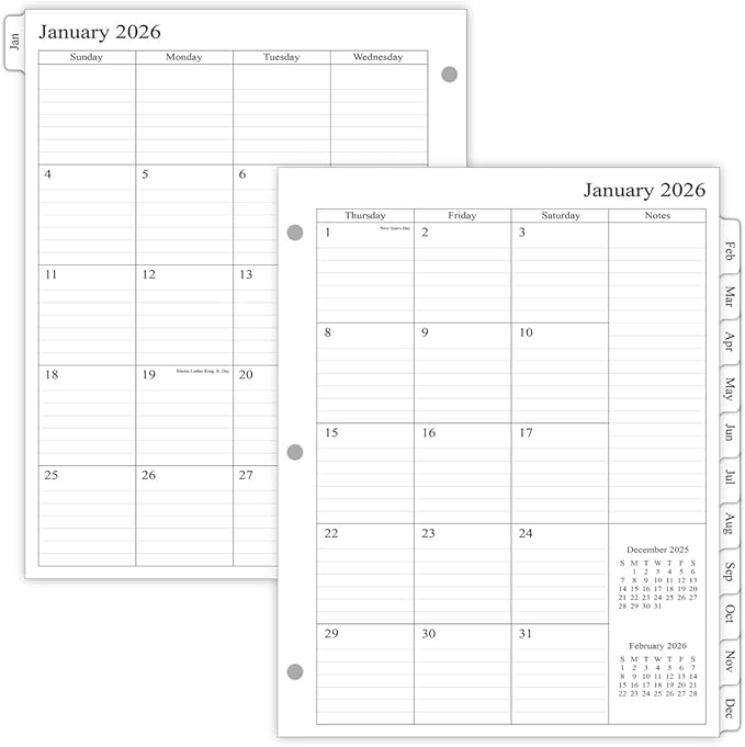 newestor 2026 Monthly Planner Refill for 3 Ring Binder, Jan 2026 - Dec 2026, Two Pages Per Month, 8-1/2" x 11", Monarch/Folio Size 5