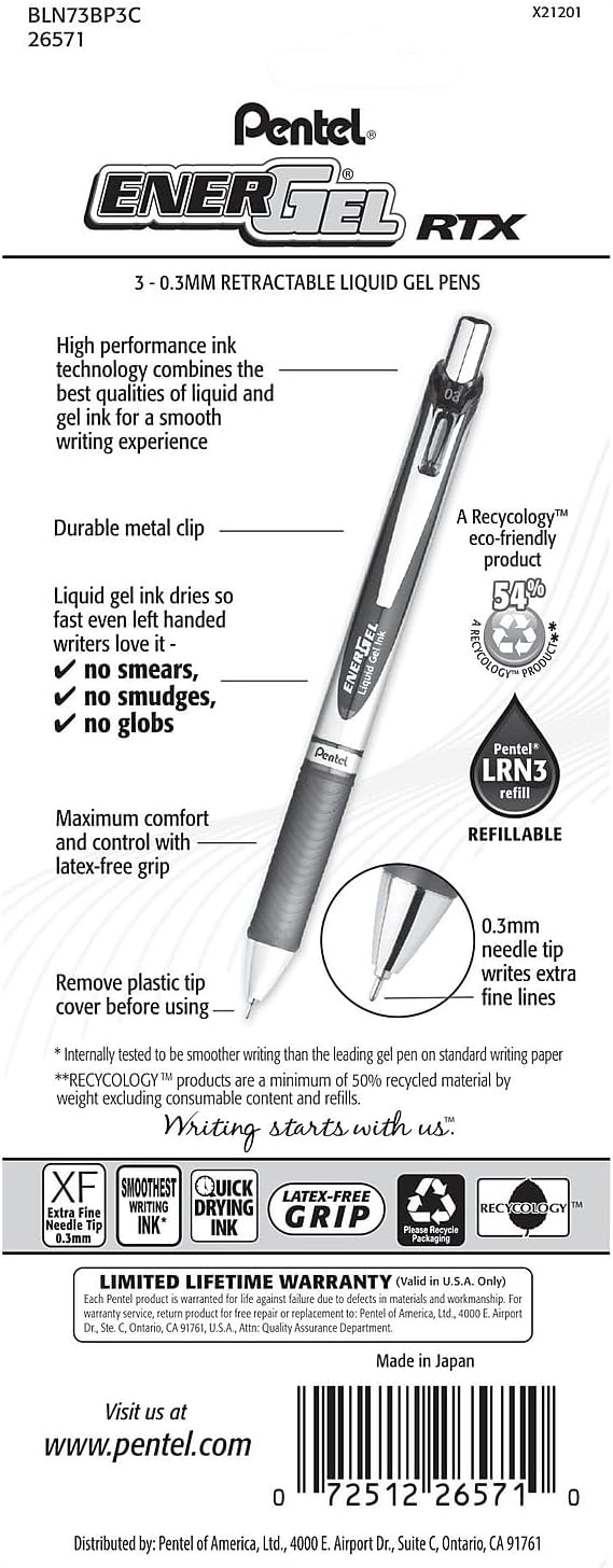Pentel EnerGel RTX Retractable Liquid Gel Pen, (0.3mm), Needle Tip, Extra Fine Line, Blue Ink, Pack of 3 (BLN73BP3C)