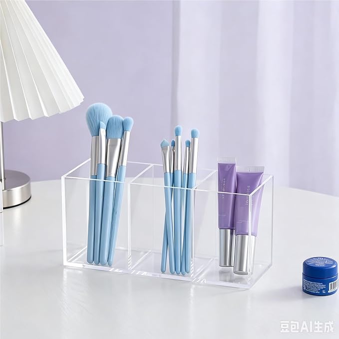 2-Pack Clear Acrylic 3-Compartment Organizer, Pen Holder for Desk, Makeup Brush Holder, Remote Control Holder,