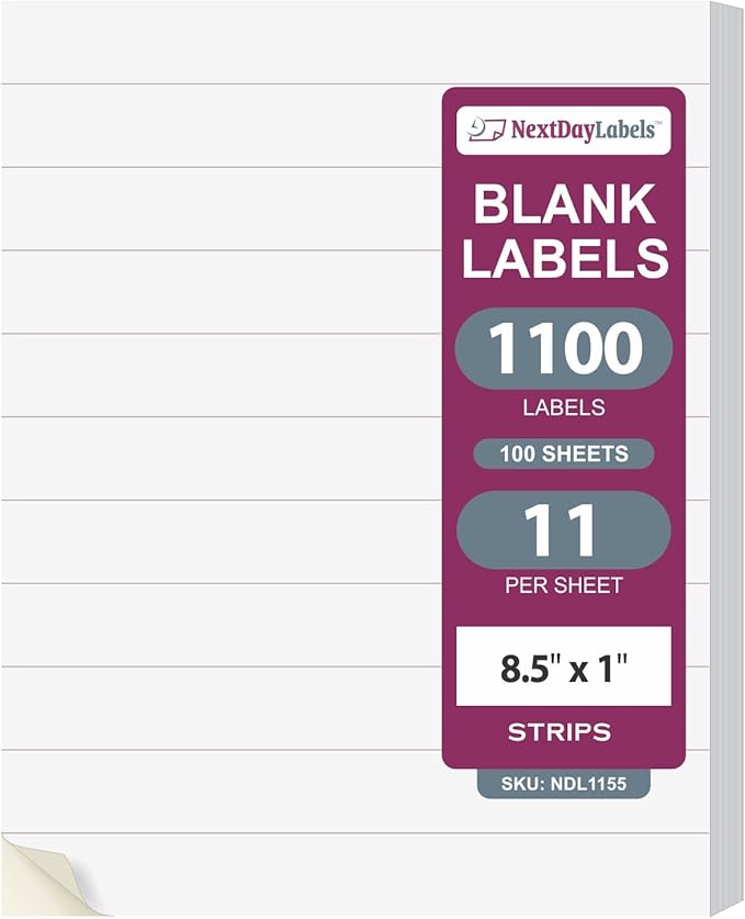 NextDayLabels 8.5x1 Inch Strip Stickers White Blank Labels for Laser Inkjet Printer - 11 Per Sheet Self-Adhesive Unique Size Label Made in USA - 1100 Labels