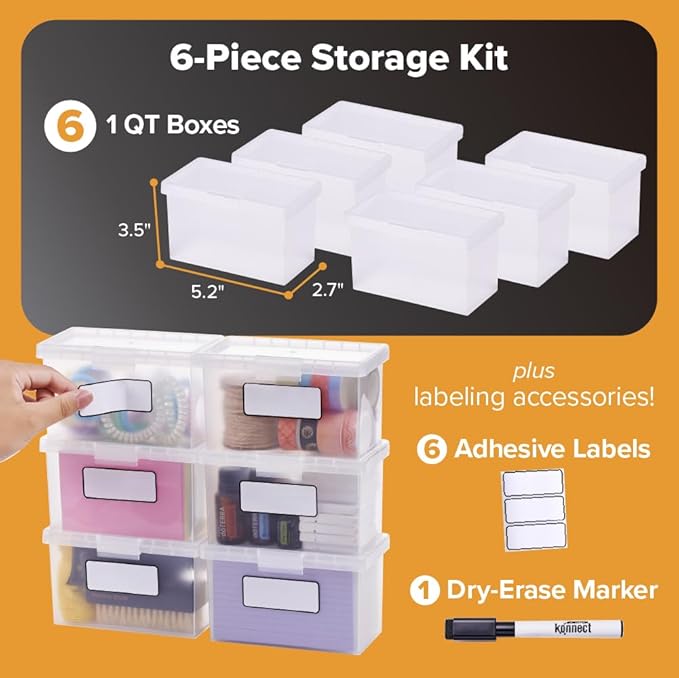 Bostitch Konnect Storage Containers with Lids, Office Organizer, Clear Plastic Box, Stackable for Index Cards, Labels, 1 Qt, 6 Pack