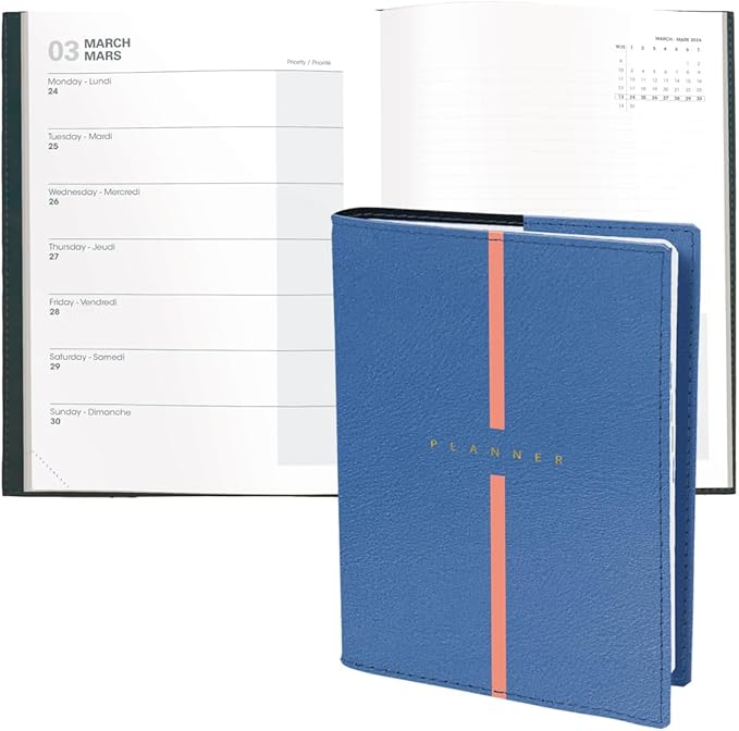 Quo Vadis 2026 Note - Bi-Lingual (EN/FR) - Weekly/Monthly Planner - 16 Months, Sept. 2024 to Dec. 2026 - 6" x 8 1/4" - Grained Faux Leather Billy Blue Cover - A Modern Design for Journaling and Detailed Planning