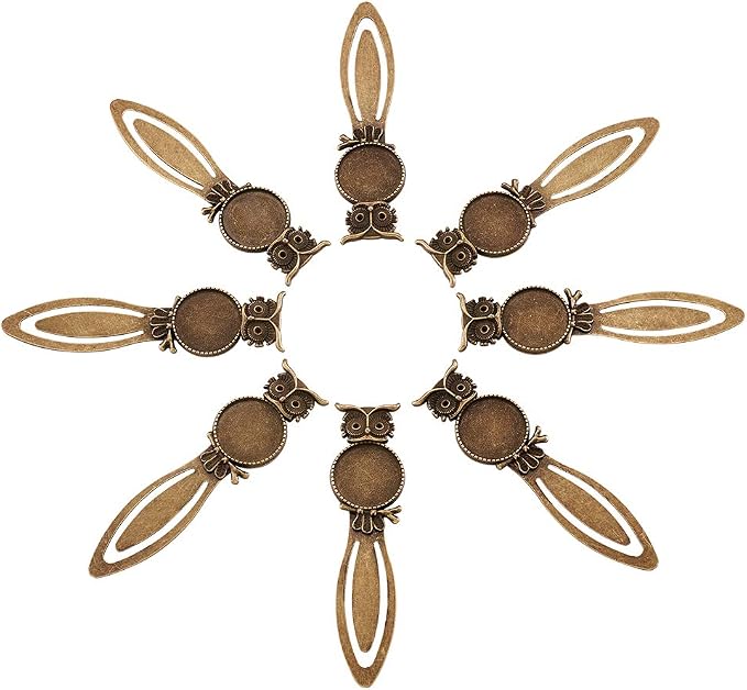 FASHEWELRY 10Pcs Antique Bronze Bookmark Pendant Blank Tray 3/4 inch (20mm) Round Bezel Base Cabochon Setting Charms (Owl)