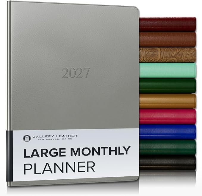 Gallery Leather Large Monthly Planner 2027, Elegantly Bound Calendar Planner and Notebook with Stylish Gold-Gilded Page Edges, 18 Months - Freeport Metallic Silver - 9.75x7.5"