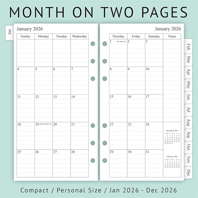 newestor 2026 Planner Refill, Monthly, 3-3/4" x 6-3/4", Jan 2026 to Dec 2026, Personal/Portable Size