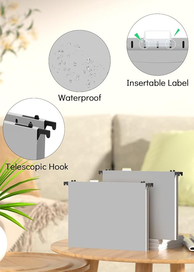 Extra Capacity Plastic Hanging File Folder, 12 Pack Reinforced Hang Folders Letter Size, Heavy Duty 1 Inch Expansion Filing Cabinet Folders, for Bulk Files, Medical Charts, Grey