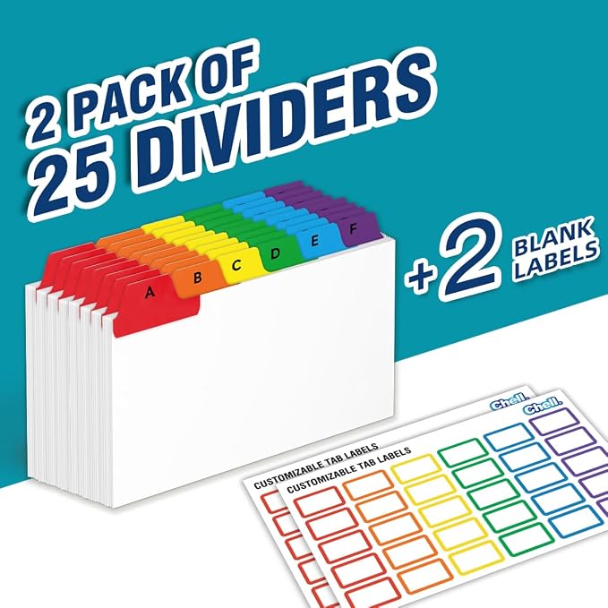 Chell 3x5 Index Card Dividers, Heavyweight A-Z Tabbed Guides, 110 lb. Cover Weight, with Blank Stickers, 2 Sets
