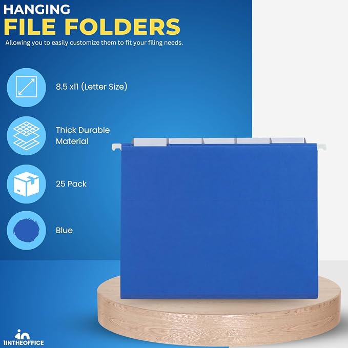 1InTheOffice Blue Hanging File Folders, Hanging File Folders with Tabs, Adjustable Tabs, Letter Size, 25 Pack