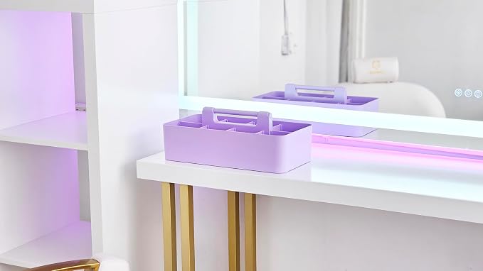Portable Caddy Organizer -2 Stackable Plastic Caddy with Handle | Desk, Makeup, Dorm Caddy, Classroom Art Organizers (Made In Usa) (Ivory/Lavender)