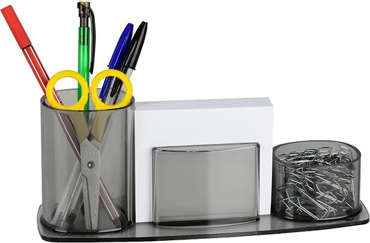 Acrimet Millennium Desk Organizer Cup Caddy – Plastic Desktop Holder for Pen, Pencil, Clips, Desk Accessories & Memo Paper – Includes 200 Sheets of Memo Paper (Clear Gray Color)
