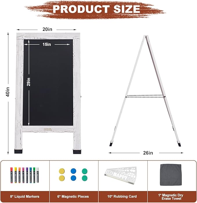 Wood Magnetic A-Frame Chalkboard Signs, 40" x 20" Large Sandwich Board Signs Outdoor, Double-Sided Sidewalk Blackboard for Business, Wedding, Vendor Display, Coffee Shope - White