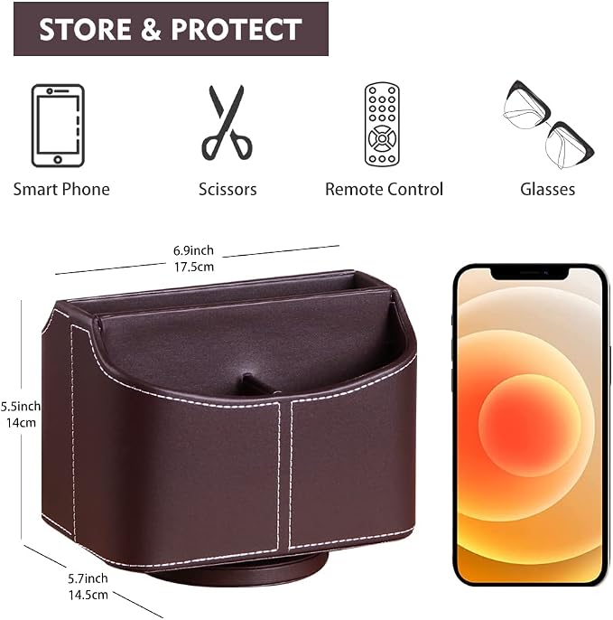 360° Rotating Remote Control Holder, PU Leather TV Remote Caddy Organizer Basket Storage Box with 5 Compartments for Pen, Pencil, Art Supplies, Makeup Brush, Office Desk Table Accessories