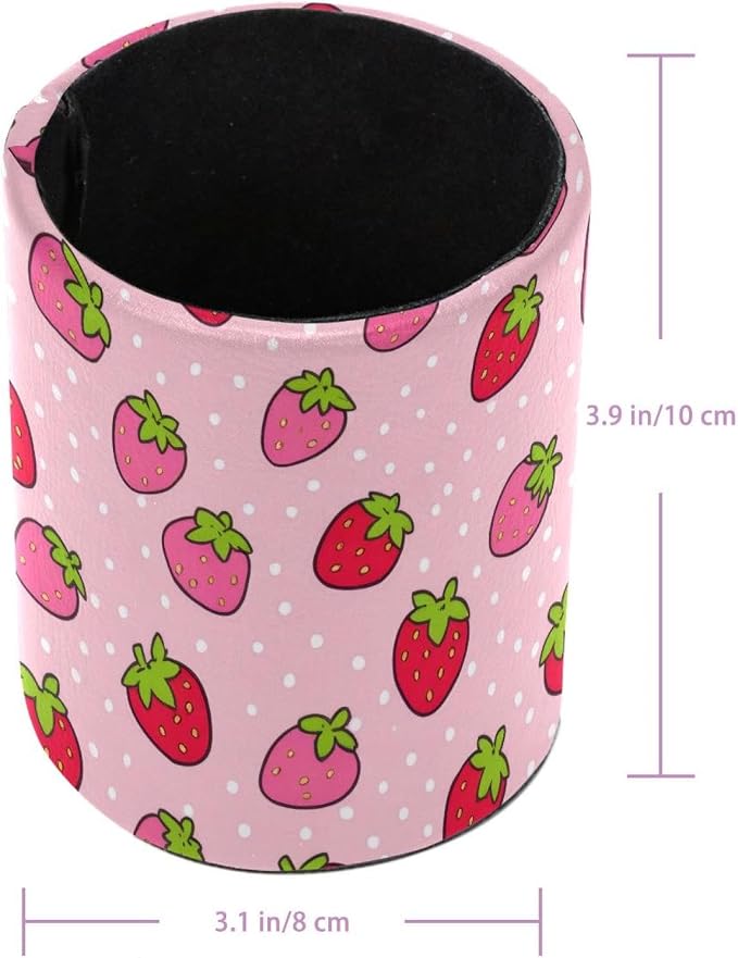 Pen Pencil Holder for Desk, Strawberry Makeup Brush Holders Leather Pen Organizer Pencil Caddy for Office Home Art Supply