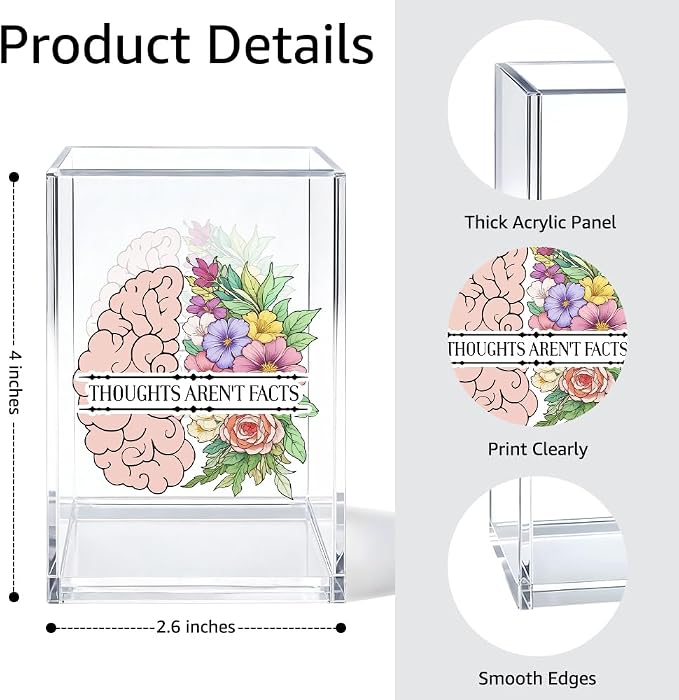 Thoughts Aren't Facts Acrylic Cosmetic Organizer Pen Holder, CBT Cognitive Behavioral Desk Storage Holder for Pen, Mental Health Recovery Gifts for Coworker, Therapy Office Gifts for Leader