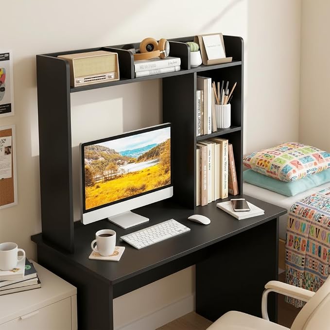 Tangkula Desktop Bookshelf, Countertop Storage Hutch with Shelves for Computer Desk, Desk 3-Tier Display Rack, Multipurpose Wood Desktop Hutch Storage Organizer for Dorm Office (Black,5 Shelves)